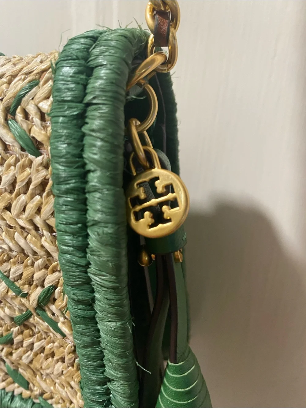 Tory Burch Straw Crossbody Bag with Green Trim and Gold Chain